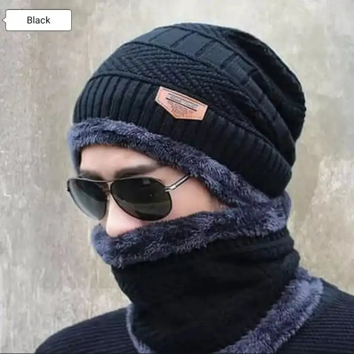 Beanie Cap Neck Warmer Beanie Full Set-2 Piece Black